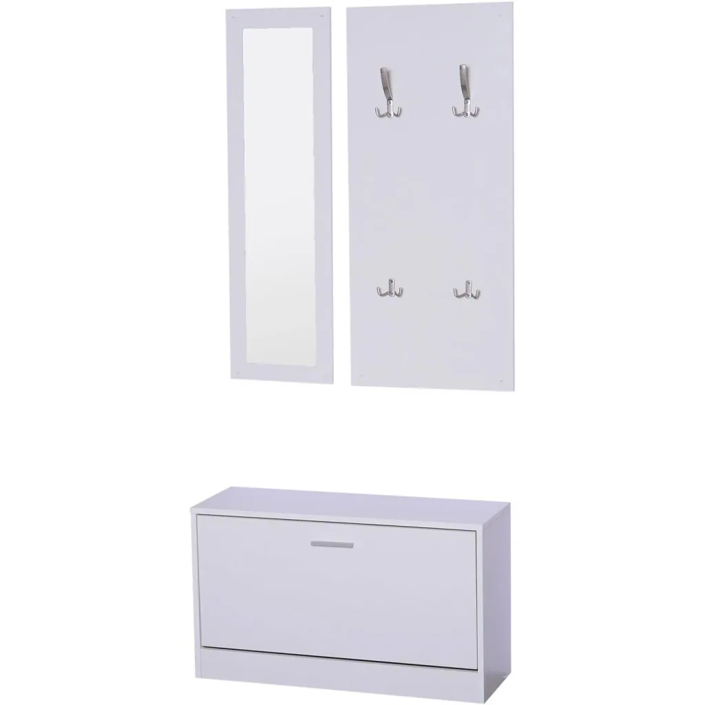 3-teiliges Garderoben-Set Flurgaderobe mit Schuhschrank Garderobe Wandspiegel 4 Haken Weiß 30 x 100 cm
