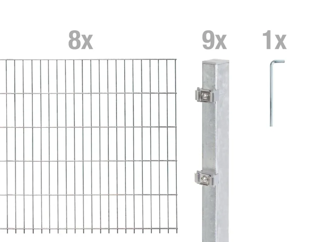 Doppelstabmattenzaun Komplettset, feuerverzinkt, Höhe 160 cm, Länge 16 m