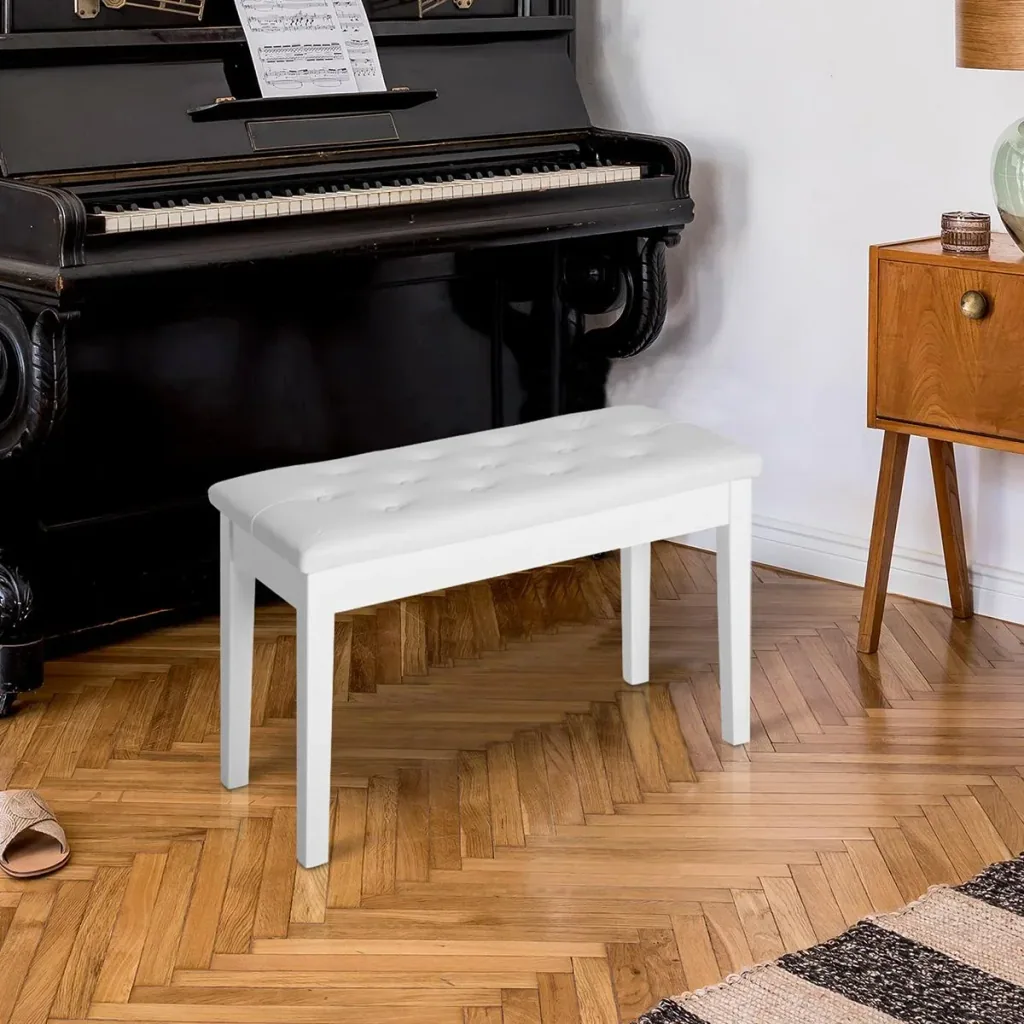 Klavierhocker Klavierbank traditionellen Landhausstil kosmetischer Hocker Stauraum Gummiholz Kunstleder Weiß 76 x 36 x 5