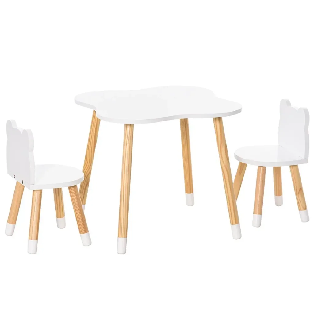 3-teiliges Kindertisch-Set bogenförmige Kindersitzgruppe Tisch mit 2 Stühlen MDF Tischbeine aus Kiefernholz Weiß+Naturho
