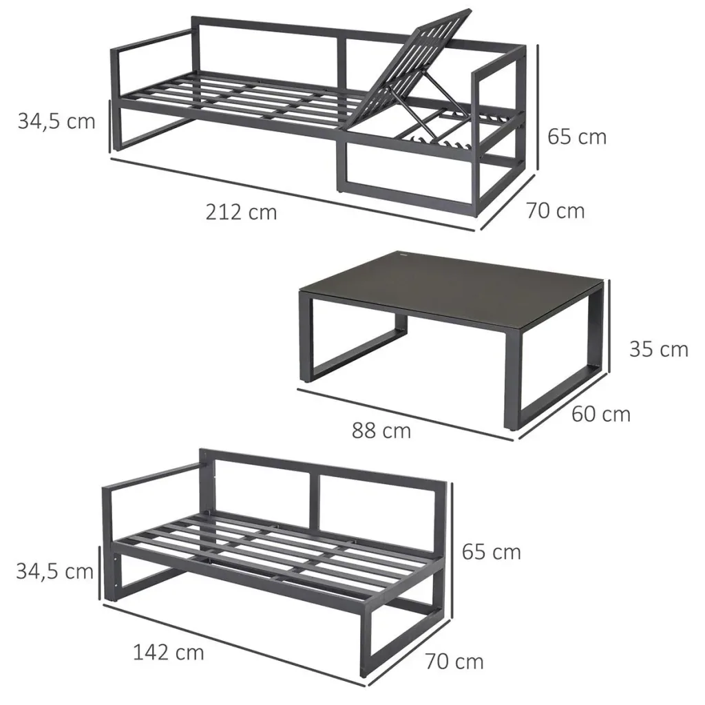 3-tlg. Gartengarnitur Gartenmöbel-Set 4-stufig verstellbar Gartenliege Gartenset Sitzgruppe mit Beistelltisch Sofa mit K