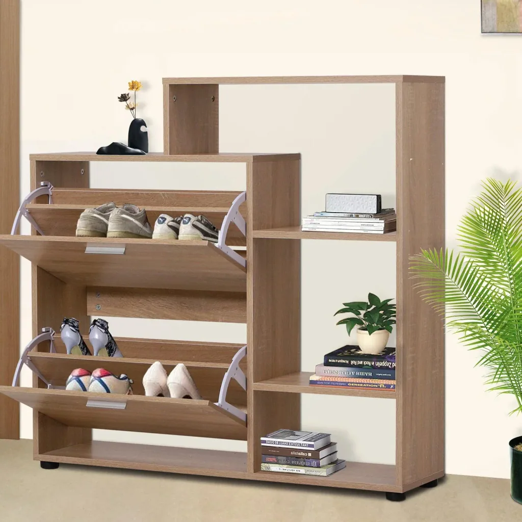Schuhschrank Schuhregal Schuhkipper Schuhkommode 2 Klappen 20 Schuhe Holz Natur 101,5 x 25,5 x 98 cm