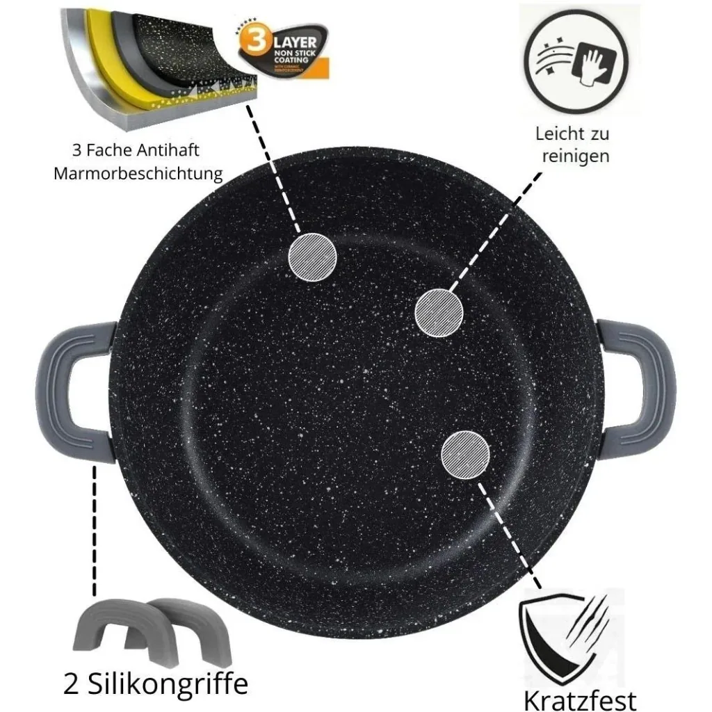 Cheffinger Schmortopf / Niedrige Pfanne / Serviertopf - Marmorbeschichtung - mit abnehmbaren Silikongriffen - SS - 24cm