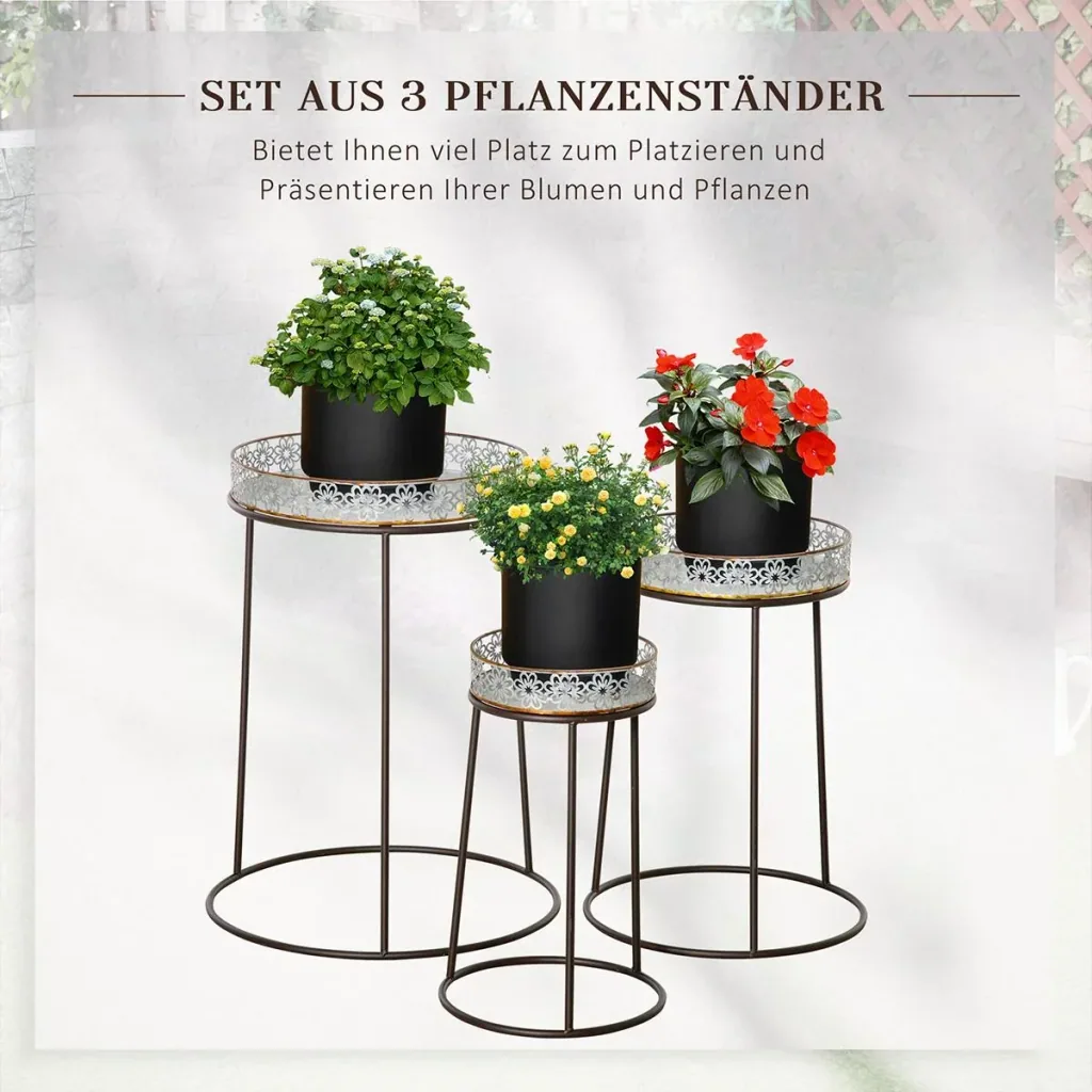 Blumenständer 3er Set aus Metall für Blumentopf Stapelbar Kaffee+Silber