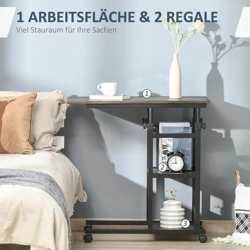 Beistelltisch Couchtisch mit Rollen, E1 Spanplatte, Metall, Schwarz, 80x40x72-82 cm
