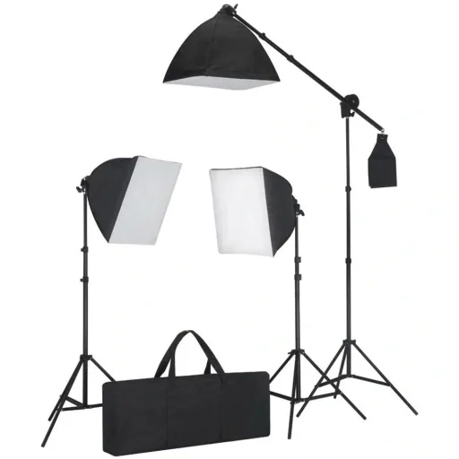 Beleuchtungsset mit 3 Fotoleuchten mit Stativ und Softbox