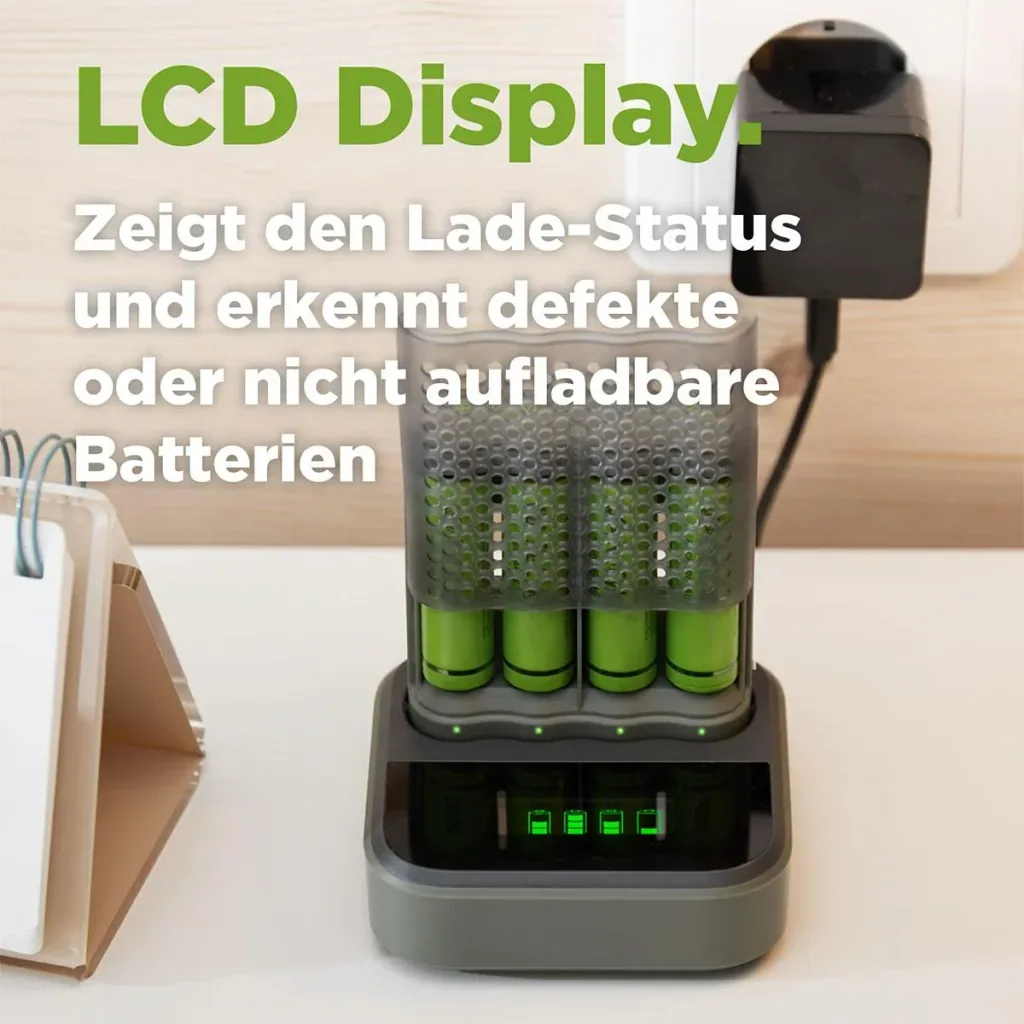 USB Schnellladegerät mit Docking Station, LCD Ladestandsdisplay für 4 AA / AAA NiMH Akkus inklusive 4 ReCyko (AA) 2600mA