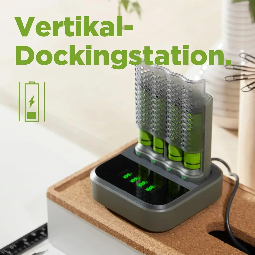 USB Schnellladegerät mit Docking Station, LCD Ladestandsdisplay für 4 AA / AAA NiMH Akkus inklusive 4 ReCyko (AA) 2600mA