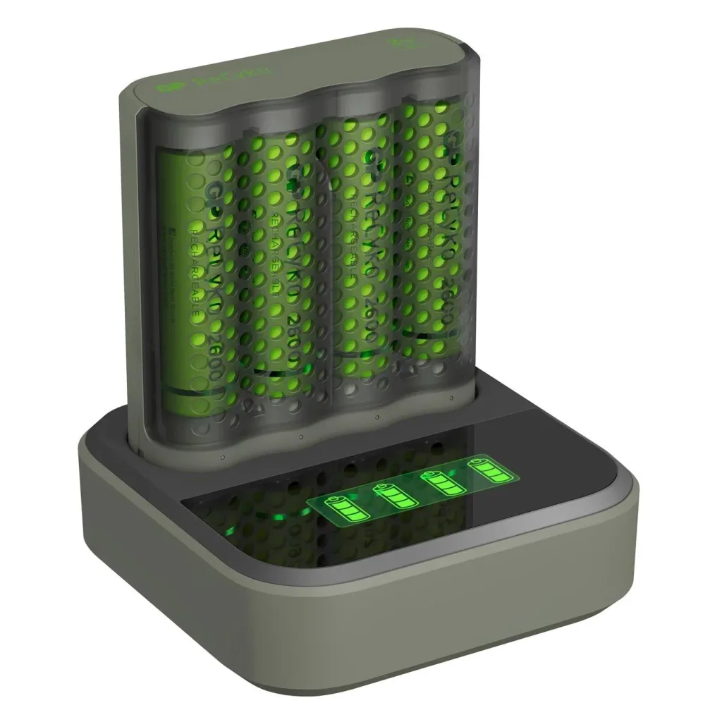 USB Schnellladegerät mit Docking Station, LCD Ladestandsdisplay für 4 AA / AAA NiMH Akkus inklusive 4 ReCyko (AA) 2600mA