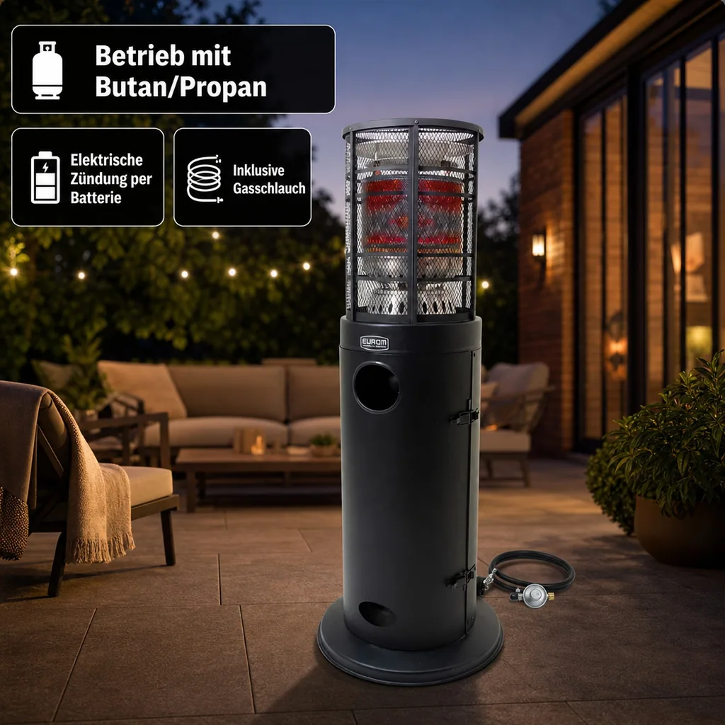 Gasheizstrahler, Terrassenstrahler gas, Heizpilz gas - Modell Area Loungeheater, mit Schutzgitter, Metall, Schwarz