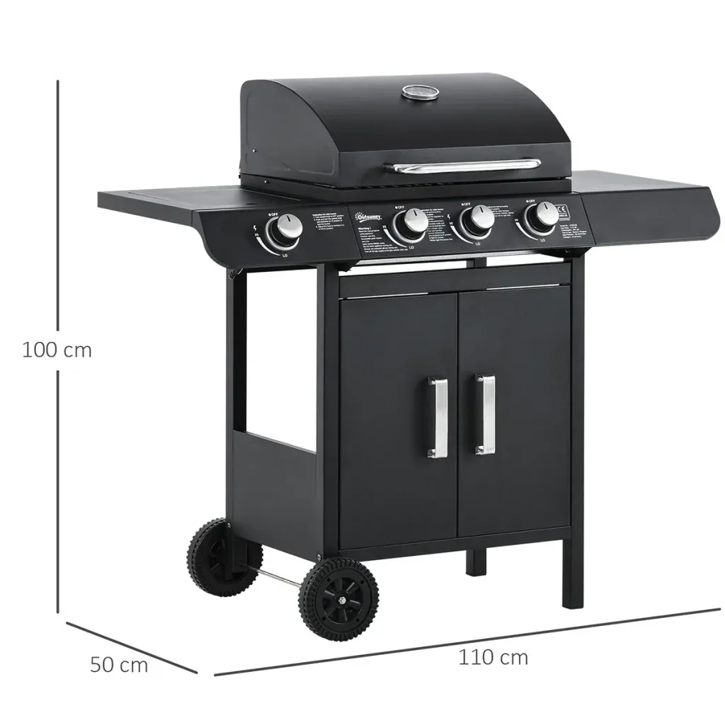Gasgrill BBQ Grillwagen mit 3 Brennern 1 Seitenbrenner Druckminderer Schläuche Schrank Multifunktion Metall Schwarz 110