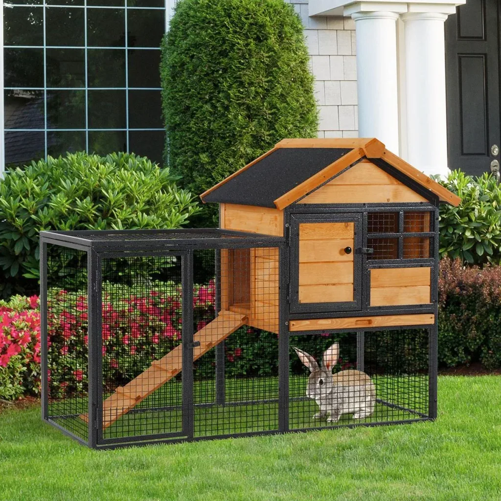 Kaninchenstall erhöhtes Haustier Haus mit Abschließbare Tür Outdoor Holz-Metall Hellgelb 122 x 63 x 92 cm