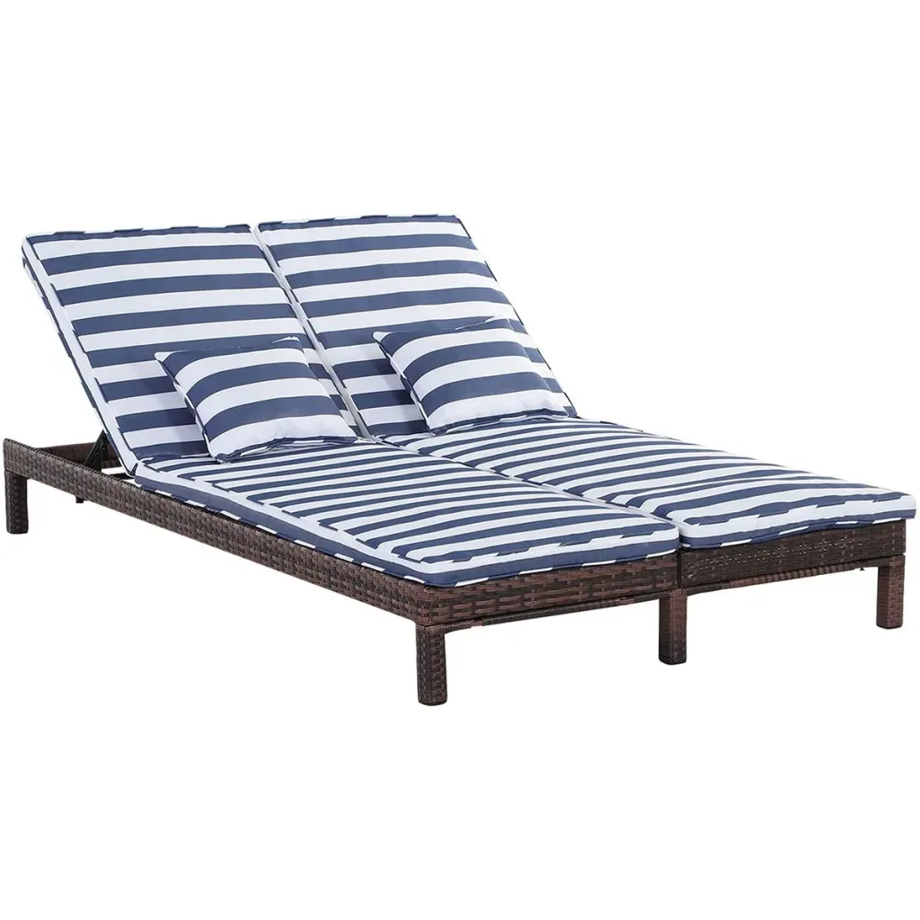 Gartenliege, Doppelliege, Relaxliege für 2 Personen, Luxus Lounge, 5-stufige Rückenlehne, Metall, PE Rattan, Blau, 195 x
