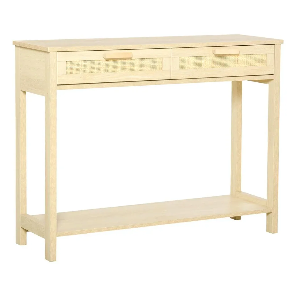 Konsolentisch Beistelltisch Rattan-Design mit 2 Schubladen Sideboard Eingang MDF Spanplatte 100 x 30 x 76 cm