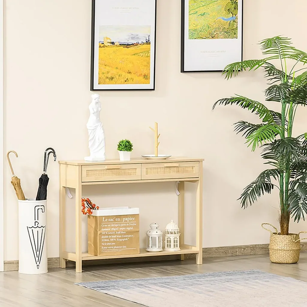 Konsolentisch Beistelltisch Rattan-Design mit 2 Schubladen Sideboard Eingang MDF Spanplatte 100 x 30 x 76 cm