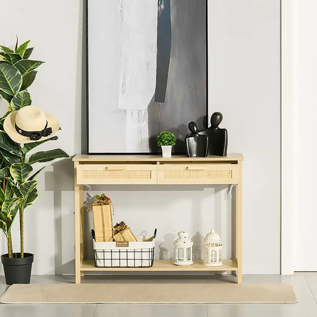 Konsolentisch Beistelltisch Rattan-Design mit 2 Schubladen Sideboard Eingang MDF Spanplatte 100 x 30 x 76 cm