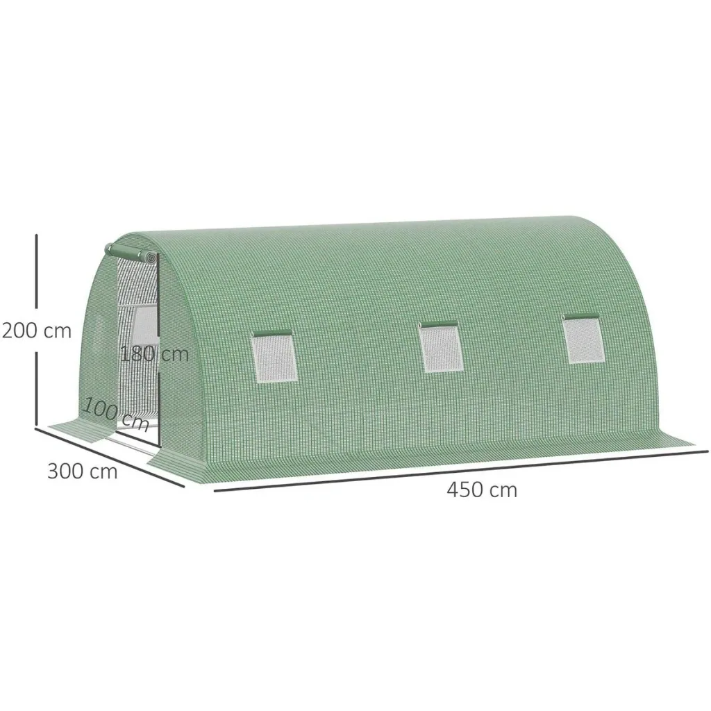Foliengewächshaus begehbares Polytunnel 4,5 x 3 m Gewächshaus mit 6 Fenster Treibhaus Frostschutz Stahlrohr Dunkelgrün