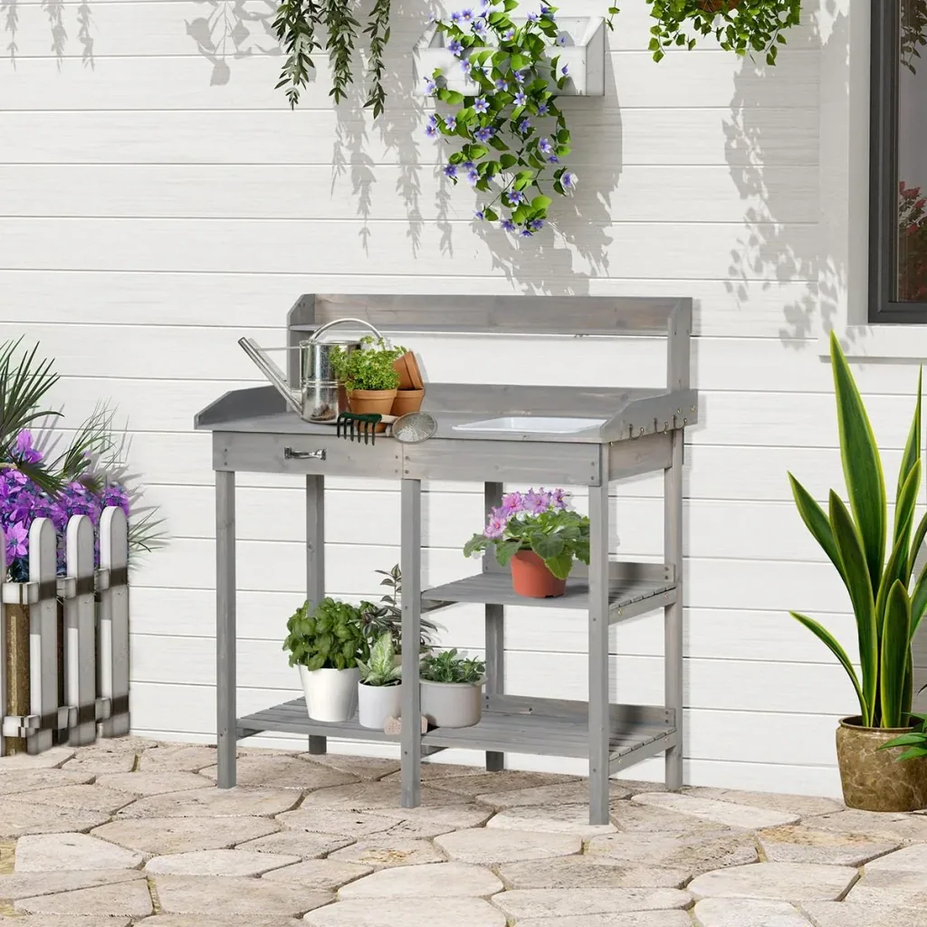 Pflanztisch mit Wanne Kiefer Grau 117 x 45 x 121 cm