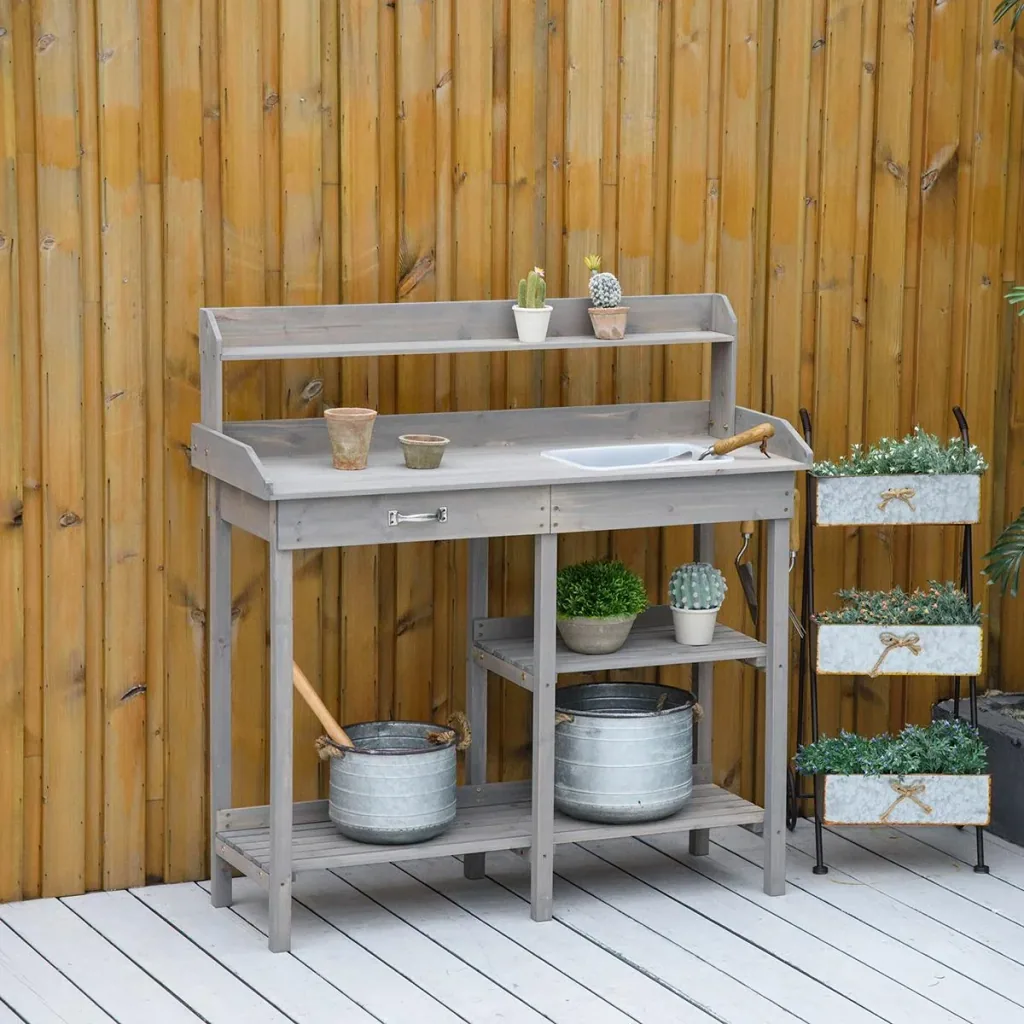 Pflanztisch mit Wanne Kiefer Grau 117 x 45 x 121 cm