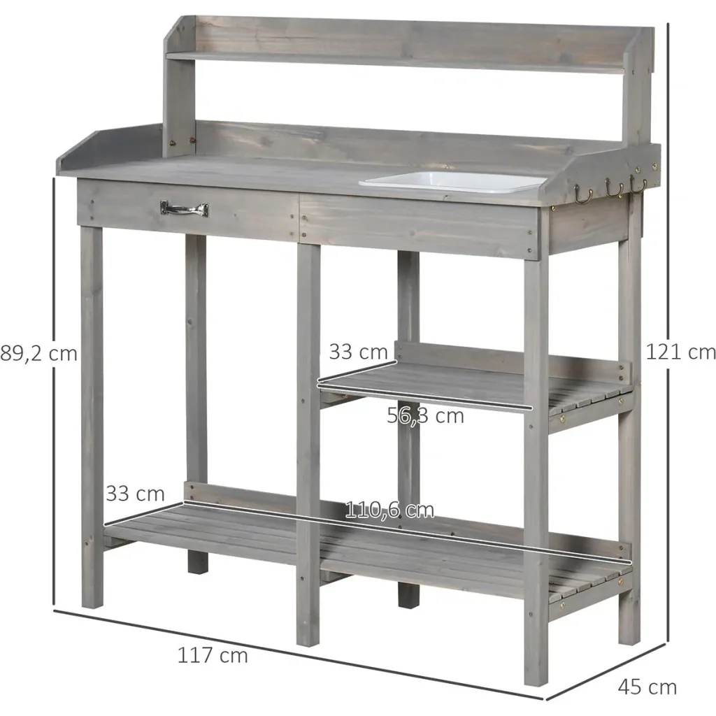 Pflanztisch mit Wanne Kiefer Grau 117 x 45 x 121 cm