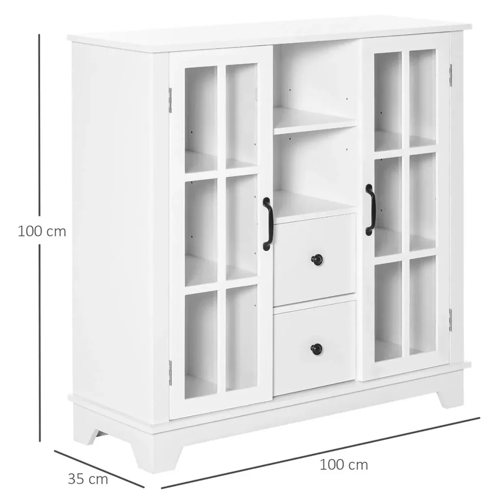 Küchenschrank Sideboard Aufbewahrungsschrank modern elegant mit 2 Schubladen und Glastüren für Esszimmer Wohnzimmer MDF