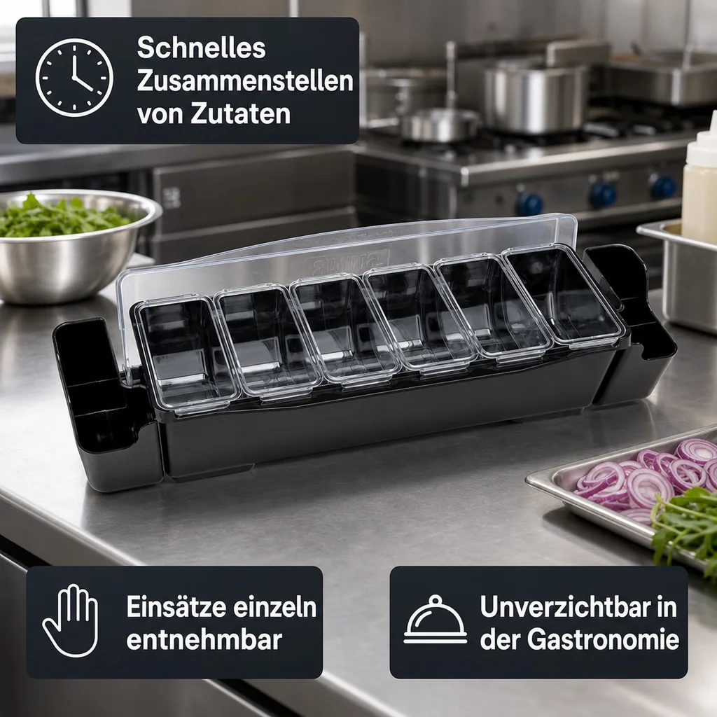 Zutatenbehälter, Lebensmittelbehälter mit 6 Einsätzen (je 0,7 L) - Praktische & übersichtliche Aufbewahrung für Zutaten