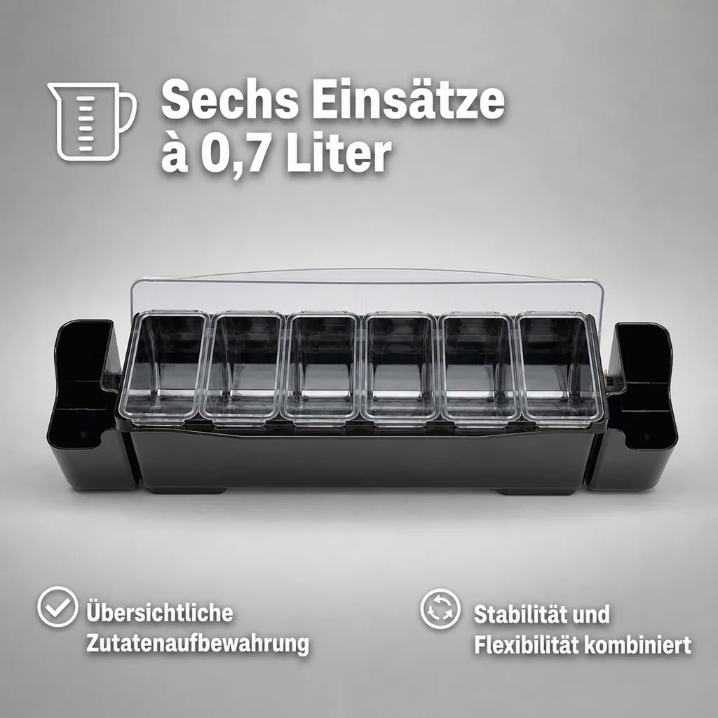 Zutatenbehälter, Lebensmittelbehälter mit 6 Einsätzen (je 0,7 L) - Praktische & übersichtliche Aufbewahrung für Zutaten