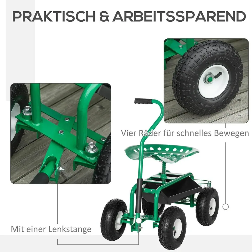 Gartenwagen mit Rollsitz bis 150 kg mit Ablage Korb für kleine Gartengeräte Werkstattwagen fahrbar Gartensitz Richtung s