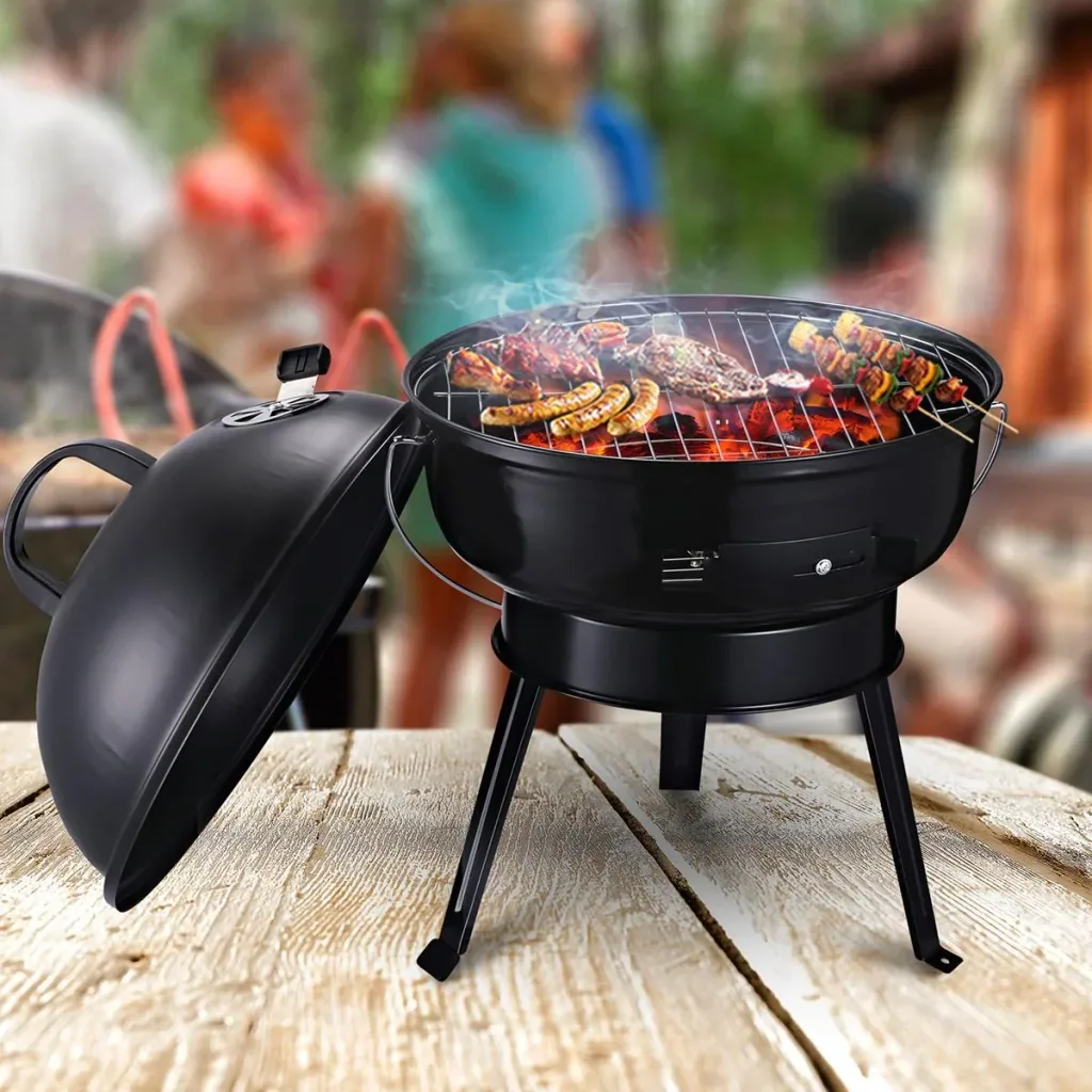 Kugelgrill Holzkohlegril Windschutz Dreibeinfuß Camping Picknick tragbar Metall Schwarz Ø36,5 x 54 cm Holzkohlegrill Gri