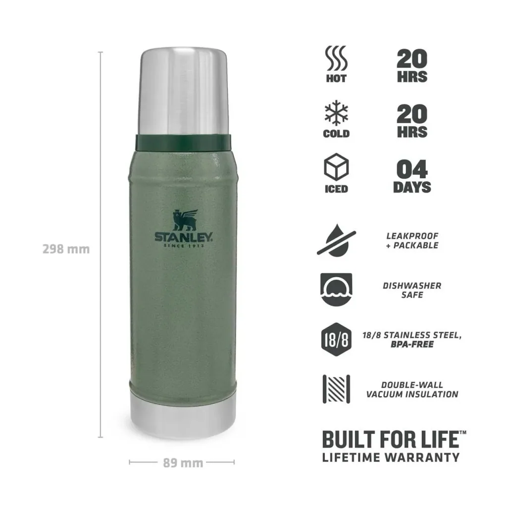 Classic Vakuum-Flasche 0,75 l, Hammertone grün, doppelwandige Vakuumisolierung, Trinkbecher