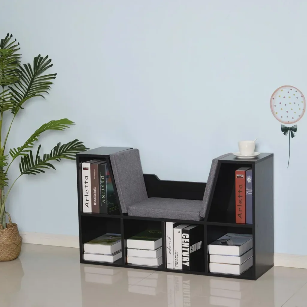 Bücherregal mit Sitzhocker Sitzbank Sitzbänke & -truhen mit 6 Stauräumen für Aufbewahrung Sitzbar mit Kissen Spanplatte