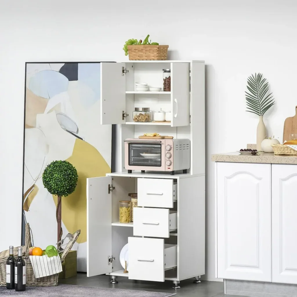 Küchenschrank mit 2 Türen Regal Mikrowellenregal Hochschrank mit unterem Aufbewahrungsschrank und 3 Schubladen Kommode S