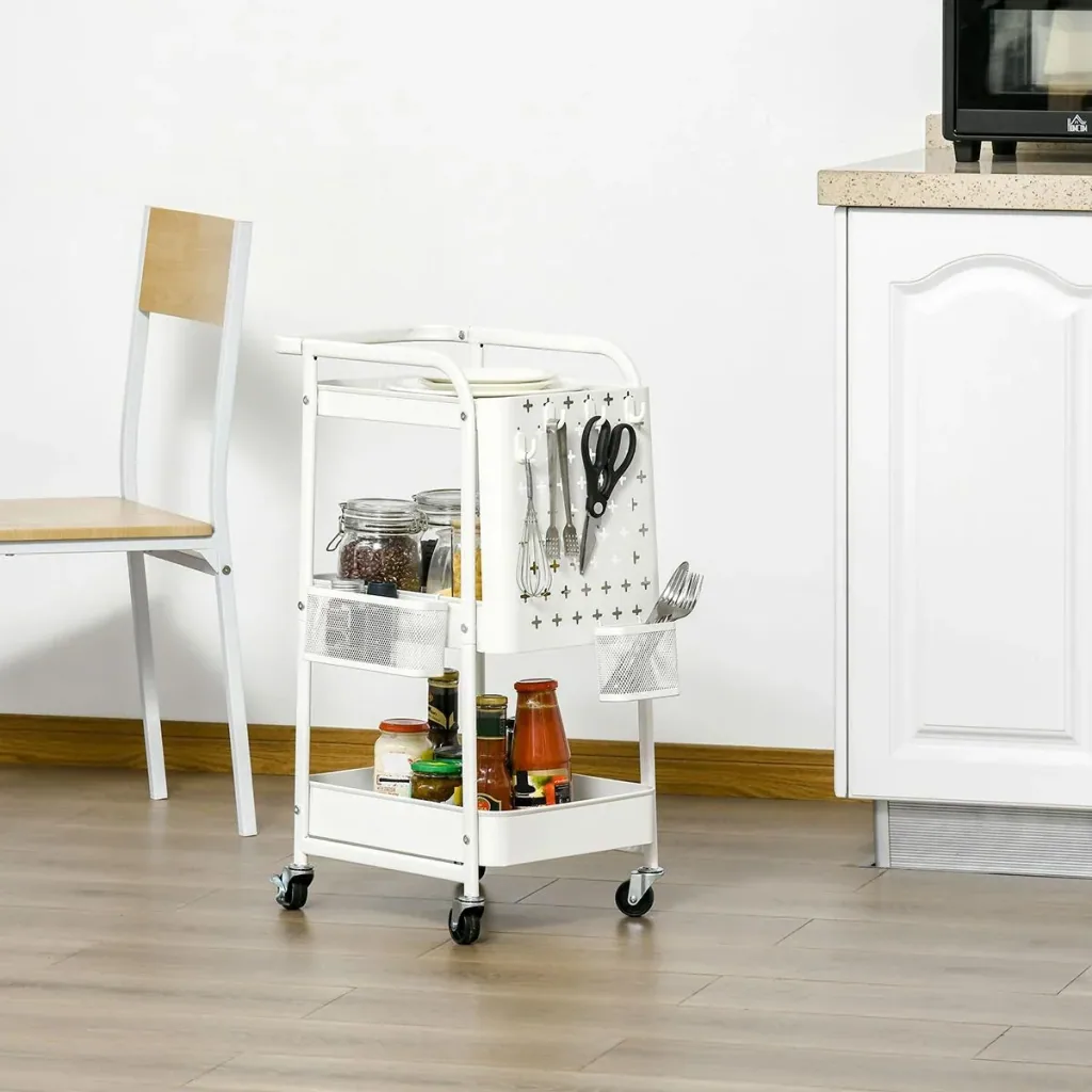 Servierschrank mit 3 Ablagen und Seitenwand, Stahl+PP, weiß, 51,5 x 32 x 75,6 cm