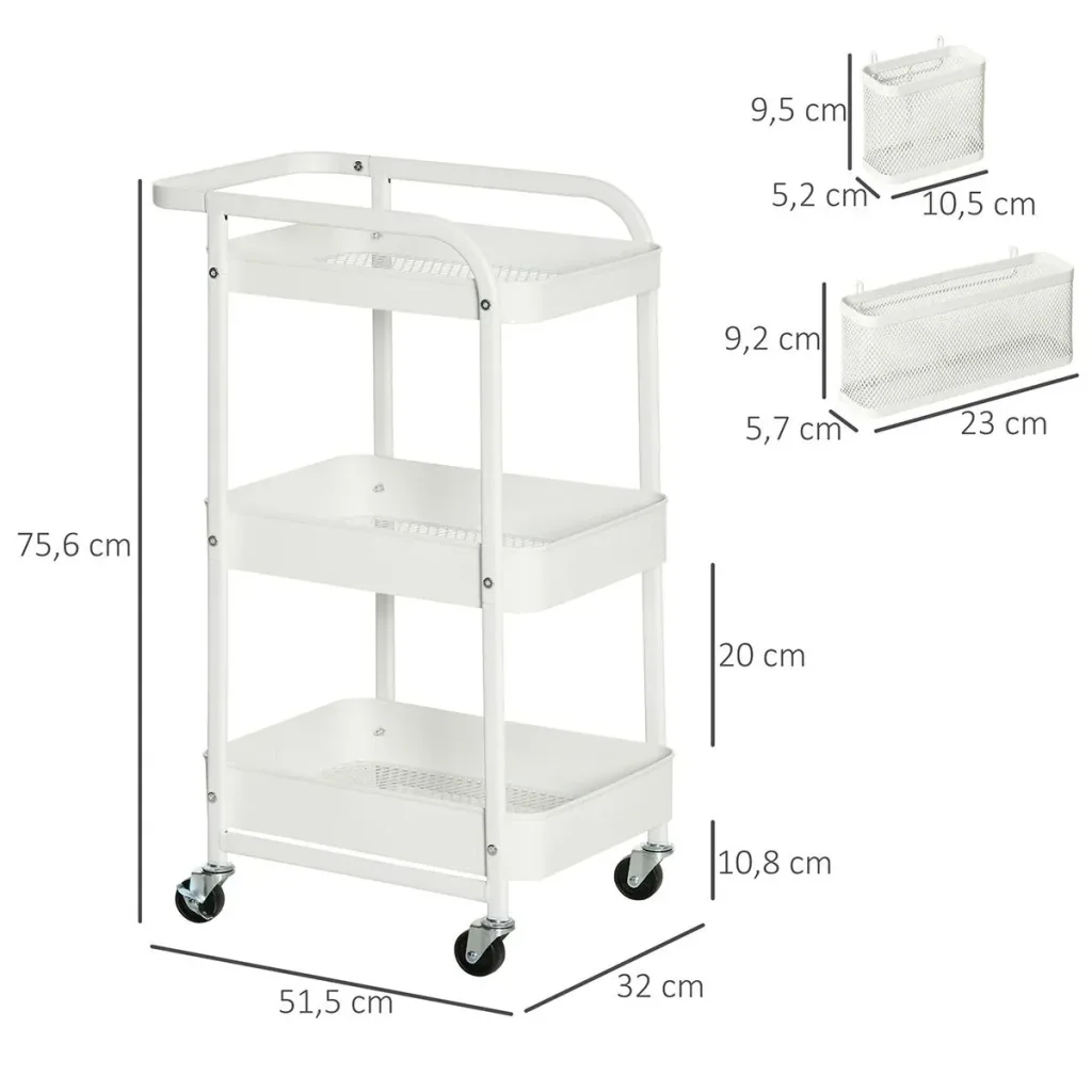 Servierschrank mit 3 Ablagen und Seitenwand, Stahl+PP, weiß, 51,5 x 32 x 75,6 cm