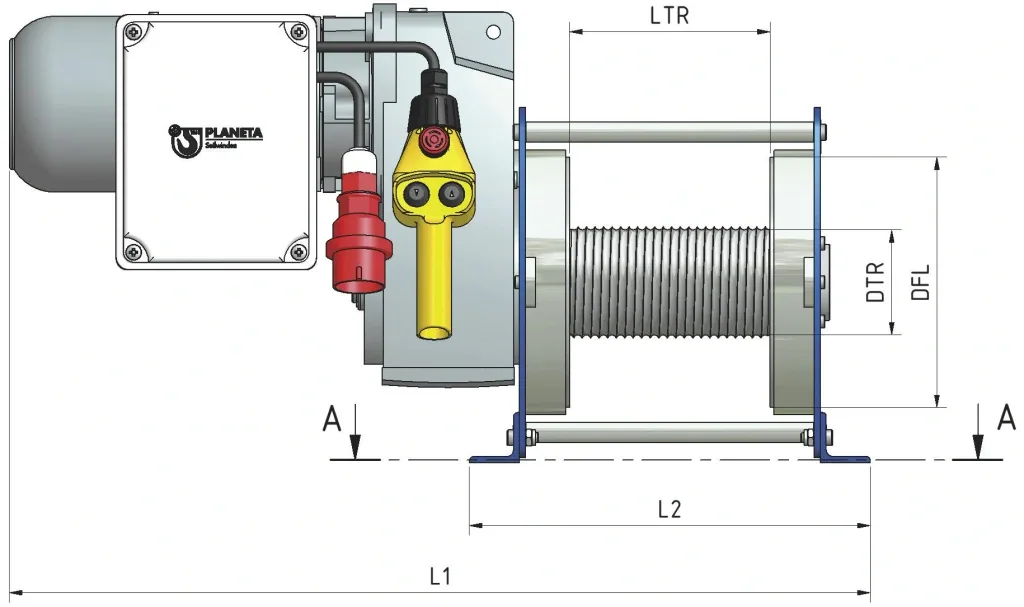Elektro-Seilwinde PFW-C 500 einsatzfertig, max. 500 kg (1. Lage), 400V, 50 m Seil, IP55, Hubwinde für Materialtransport