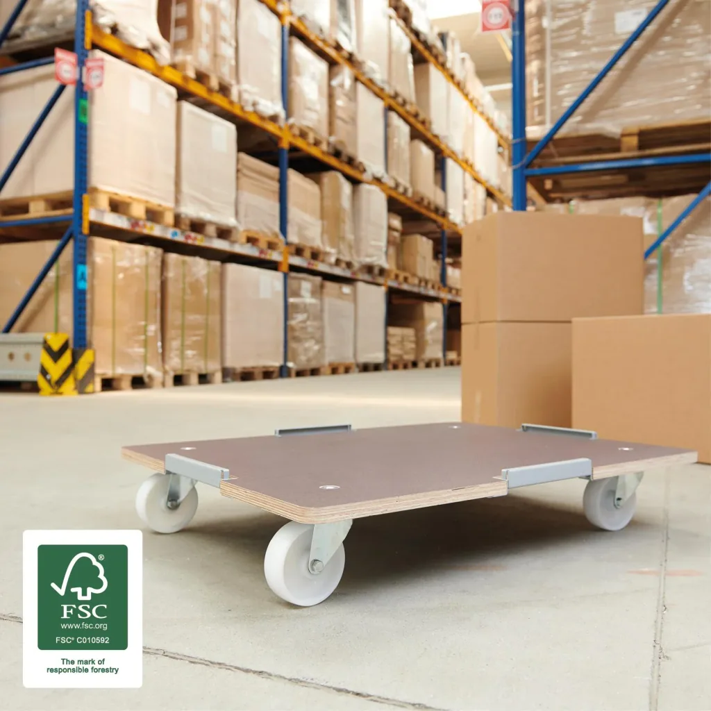 Transporthilfe MM 1379, 80 x 60 x 13,5 cm, harte Rollen Ø 100 mm, Rollenlager, Platte Maxigrip FSC®, Tragkraft 400 kg