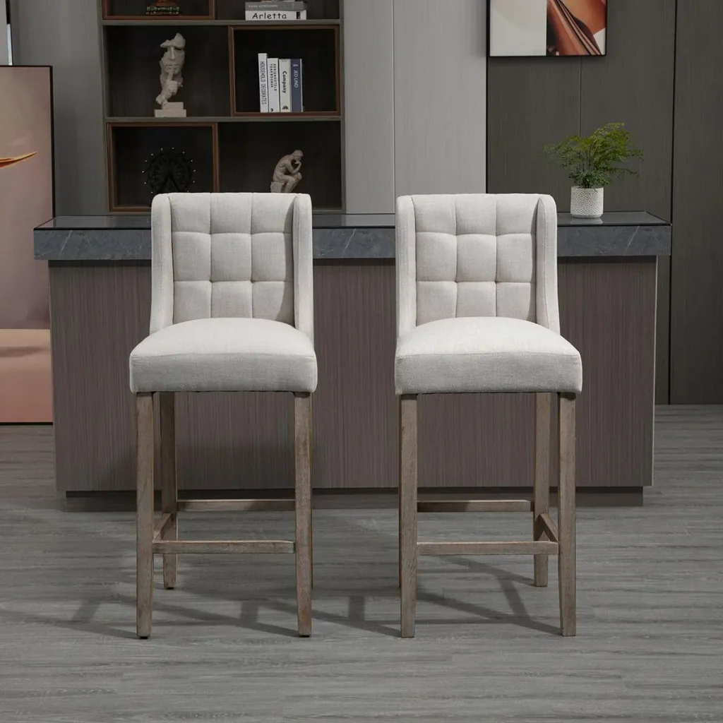 2er-Set Barhocker moderne Küchenstühle Barstühle für Küche mit niedriger Rückenlehne Leinen-Touch Gummiholz Beige 47 x 5