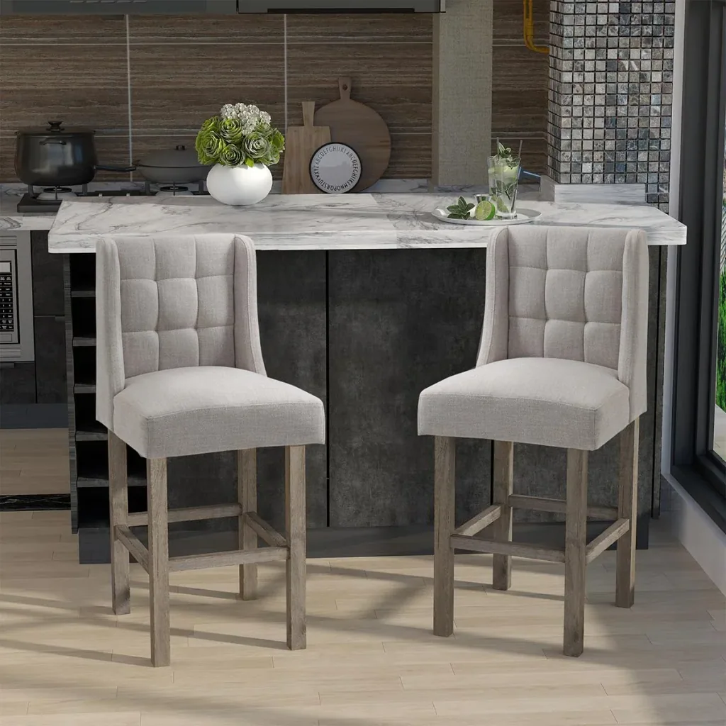 2er-Set Barhocker moderne Küchenstühle Barstühle für Küche mit niedriger Rückenlehne Leinen-Touch Gummiholz Beige 47 x 5