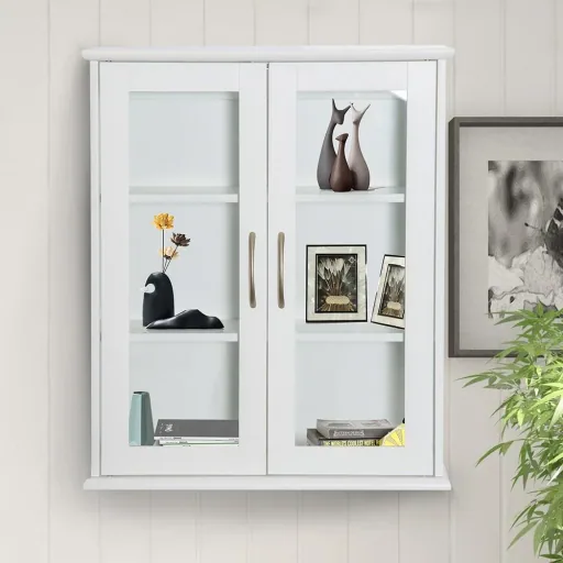Wandschrank Hängeschrank Badschrank Mehrzweckschrank Küchenschrank 2 x Glastür Holz Weiß 53,5 x 16 x 62,5 cm
