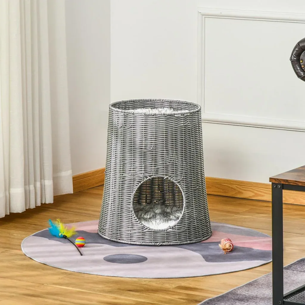 zweistöckiges Katzenhaus Katzenbett Katzenhöhle Katzenkorb mit 2 Kissen Weidenkorb mit Liegedach geschlossenes Design ha