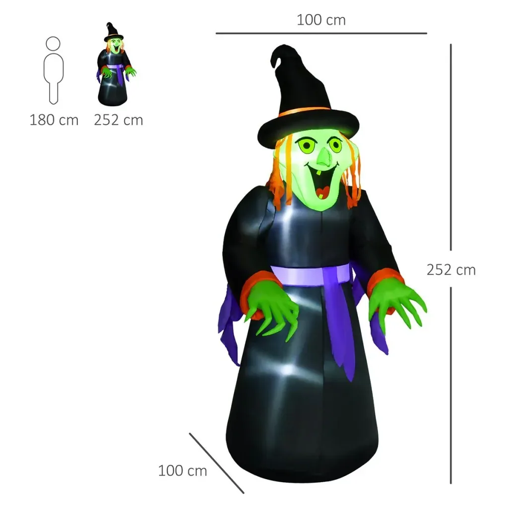 Aufblasbare Hexen Hexenkessel Figur Luftfigur Halloween Deko mit LED Beleuchtung Polyester Schwarz 100 x 100x 252 cm