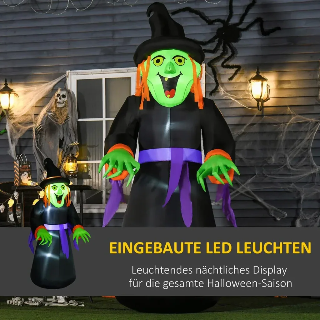 Aufblasbare Hexen Hexenkessel Figur Luftfigur Halloween Deko mit LED Beleuchtung Polyester Schwarz 100 x 100x 252 cm