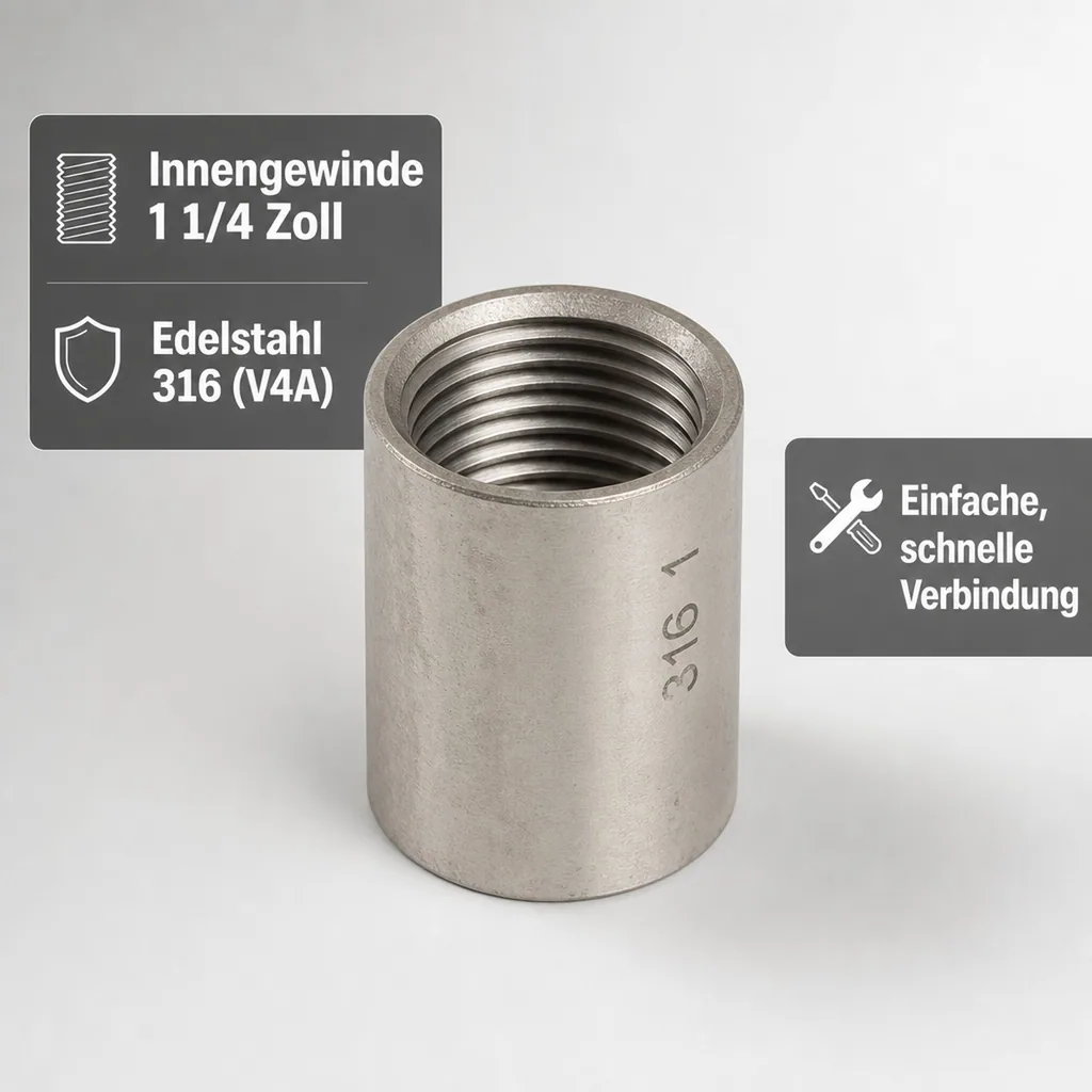 Edelstahl Muffe, Gewindefitting 1 1/4 IG, Edelstahlfitting