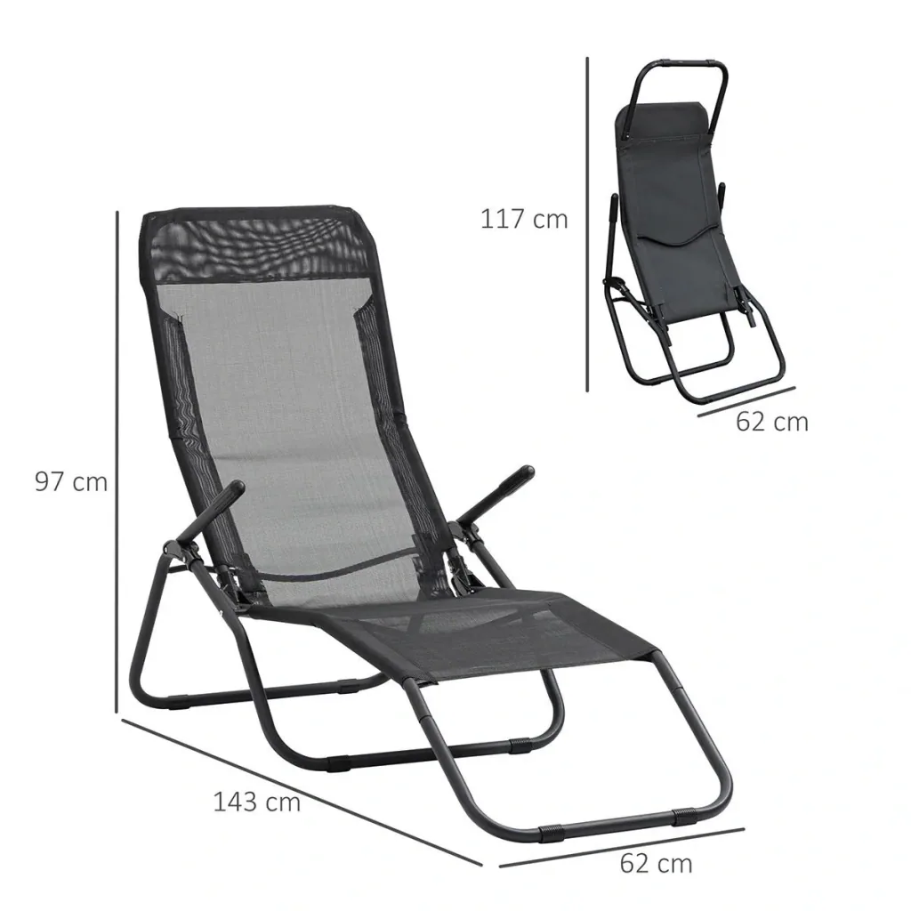 Liegestuhl klappbar Sonnenliege Gartenliege verstellbar Textilene Stahl Schwarz 62 x 143 x 97 cm
