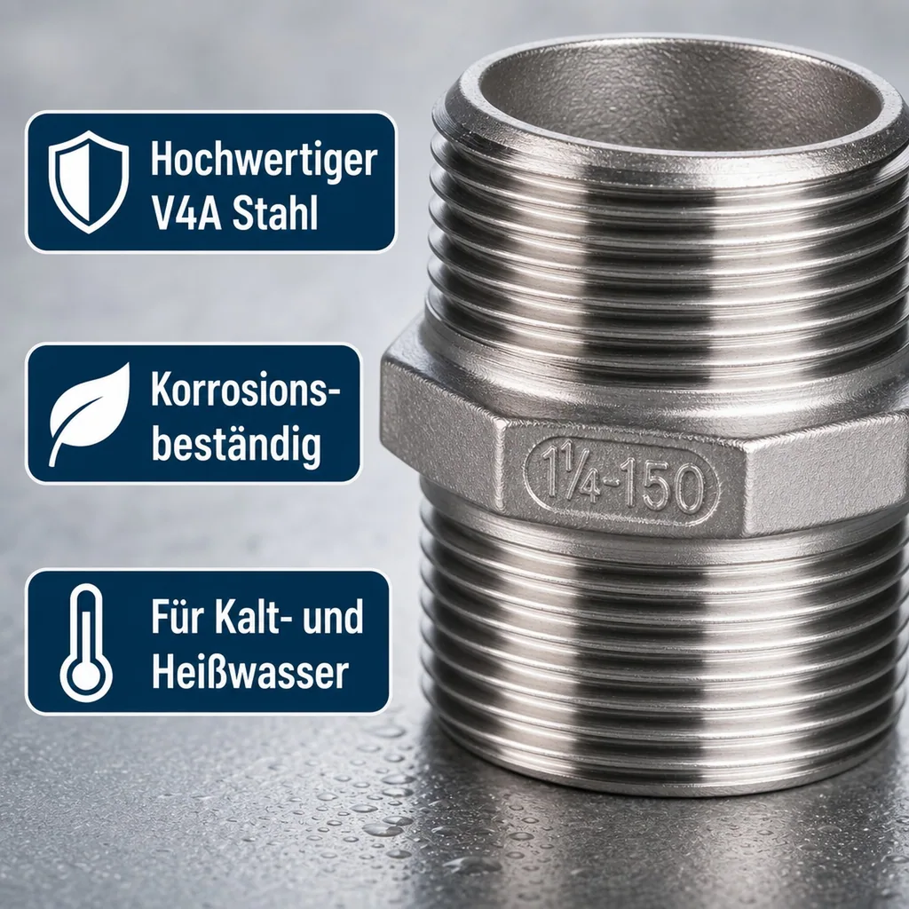 Edelstahl Doppelnippel, Gewindefitting 1 1/4 Zoll, V4A Fitting