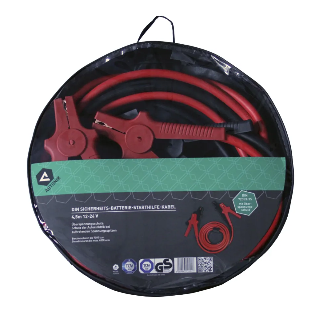 Starthilfekabel DIN 35 mm² - mit Überspannungsschutz - 4,5 Meter - 12 / 24 Volt, für Ottomotoren 12 Volt/24 Volt bis 7000 cm³, für Dieselmotoren 12 Volt/24 Volt bis 4000 cm³