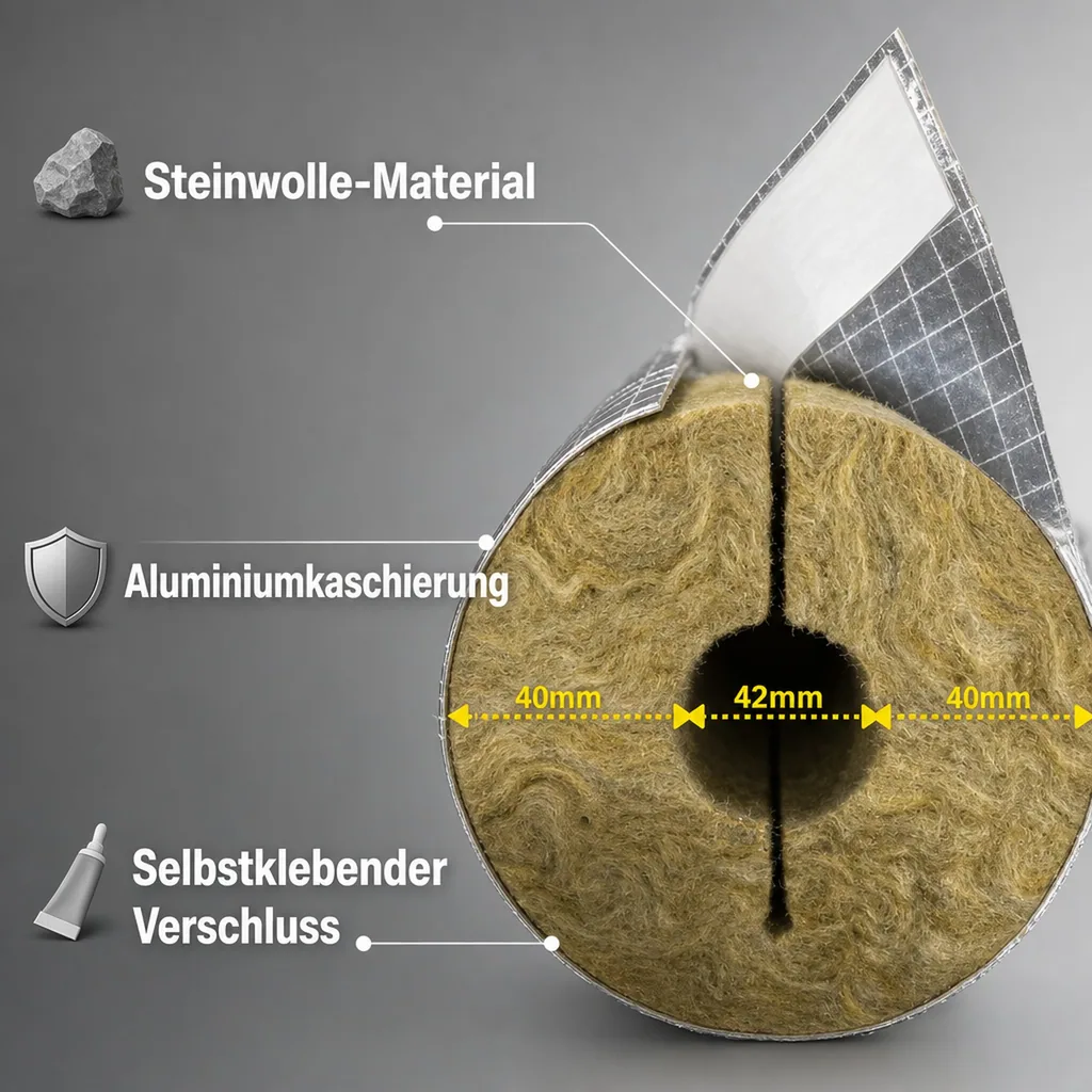 Rohrisolierung Steinwolle alukaschiert, Ø 42 x 40mm, selbstklebend, 1m
