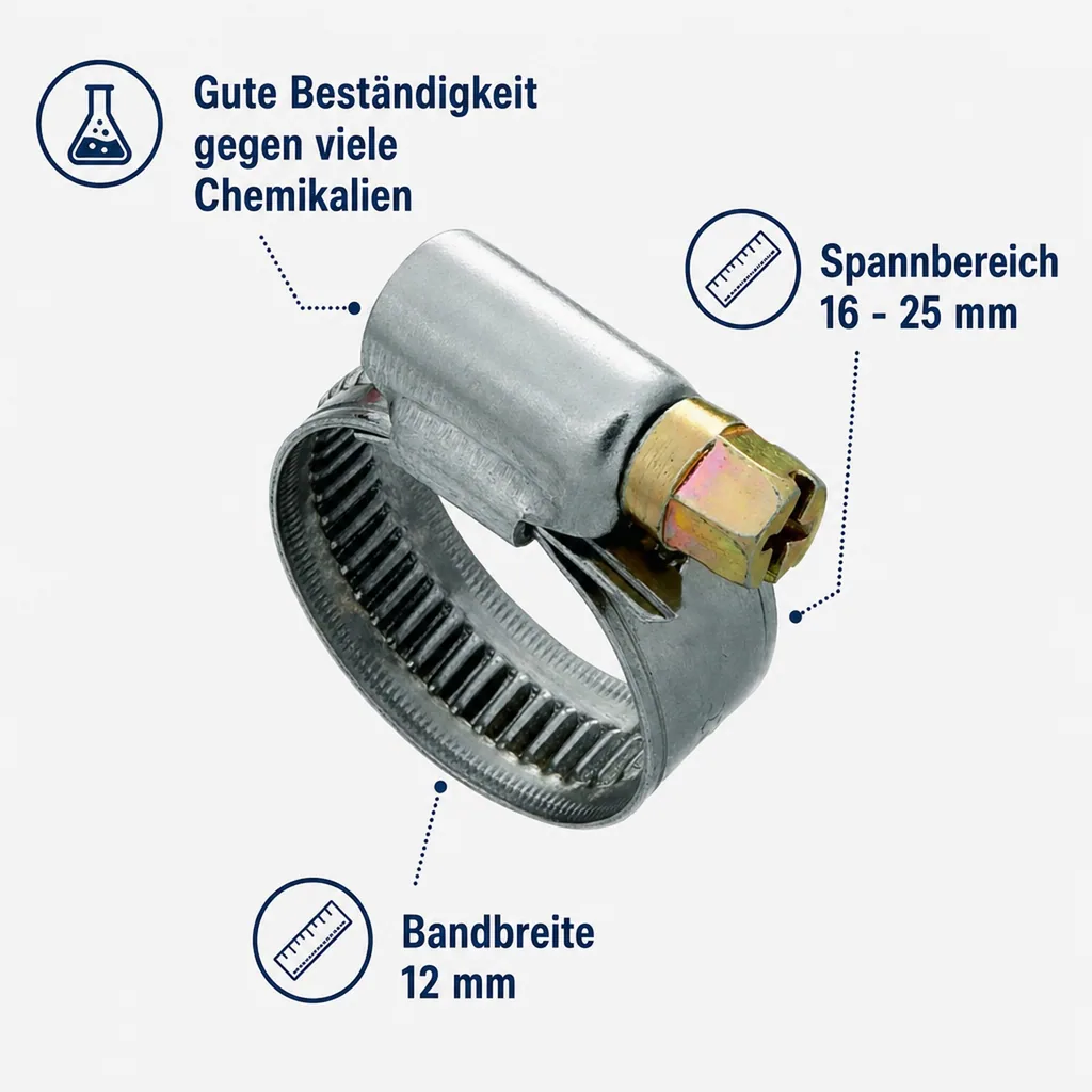 Edelstahl Schlauchschellen, W4, 12mm, 16-25mm, DIN 3017