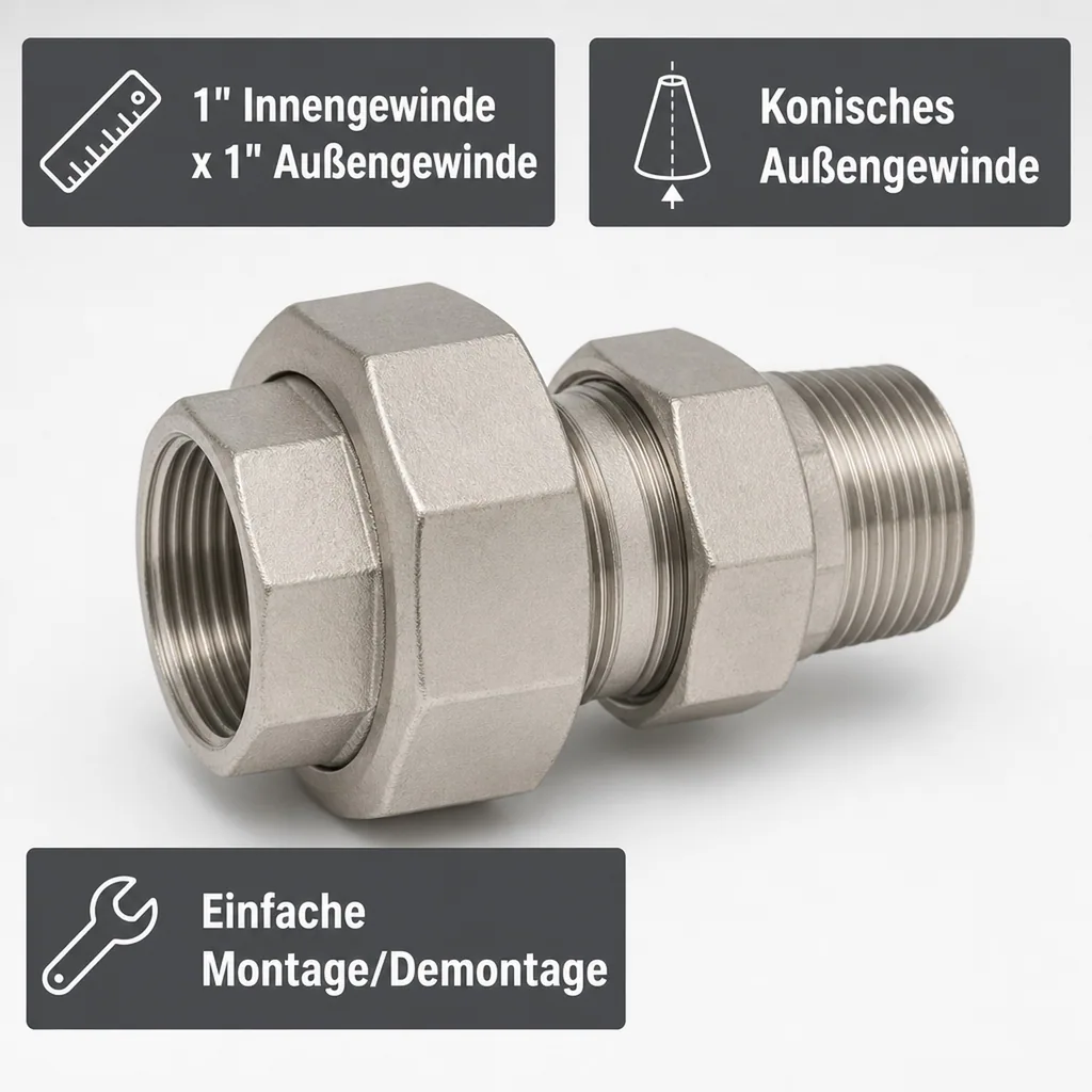 Gewindefitting Edelstahl Verschraubung 1" IG x 1" AG Typ konisch