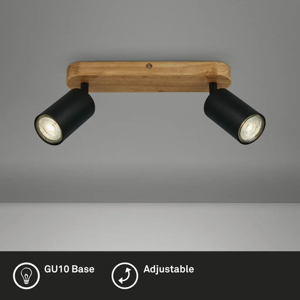 Vintage Spotleuchte 2-flammig, schwarz mit Holzbaldachin, 2 x GU10 Fassung